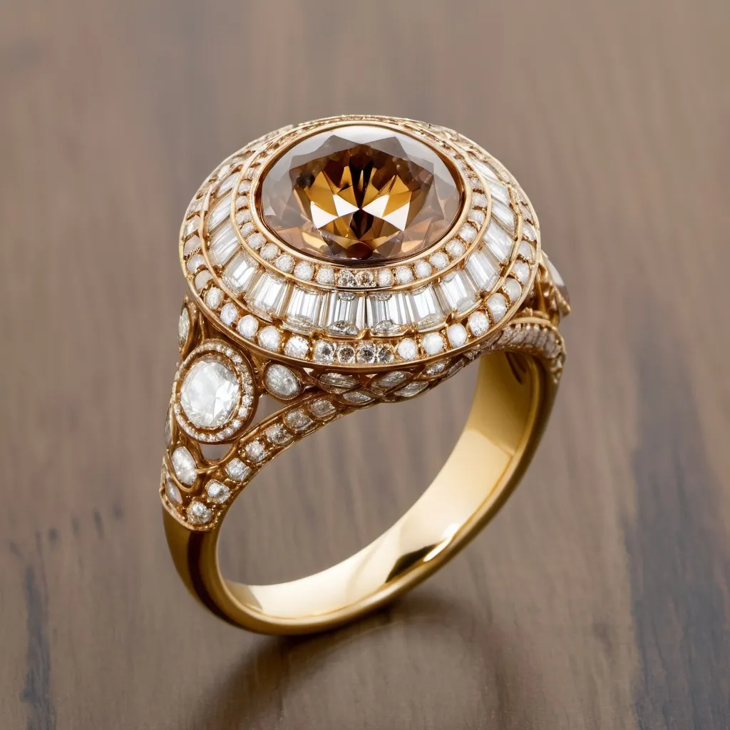 Prompt: This is an extraordinary Trumpet & Horn Original ring that we are proud to offer in our vintage-inspired collection. The handmade 18k yellow gold bombe style ring centers a 2 carat  Old European Cut cognac diamond graded I color and SI2 clarity. This show-stopper is further accented with 74 Round Brilliant Cut diamonds totaling 0.89ct, each delicately placed in an elaborate, scrolling motif. It is finished with decadent milgrained edges and hand crafted engraving along each shoulder.