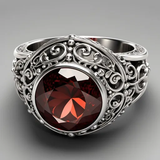 Prompt: Realistic ring This ring has an intricate, gothic-inspired design The central stone is a large, round, faceted garnet in bezel.  

The band and setting are adorned with detailed filigree, consisting of swirling, vine-like patterns. These swirling designs extend across the ring's entire upper.