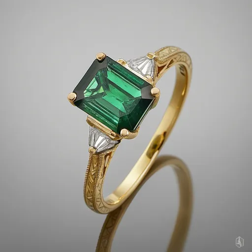 Prompt: A solitaire emerald cut ring.
Yellow gold.
Miligrain.