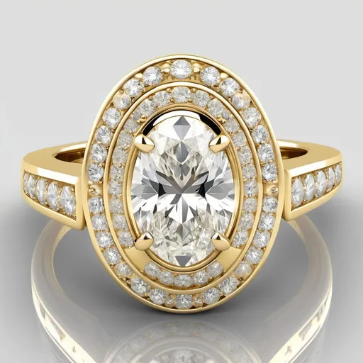 Prompt: 14K Yellow Gold channel set Halo colorless Diamond Engagement Ring (Oval Center)