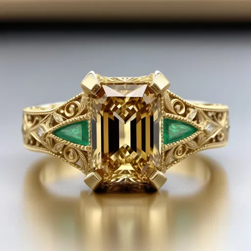 Prompt: Yellow gold. Cognac diamond. Emerald cut main stone. Intricate filigree. Split shank