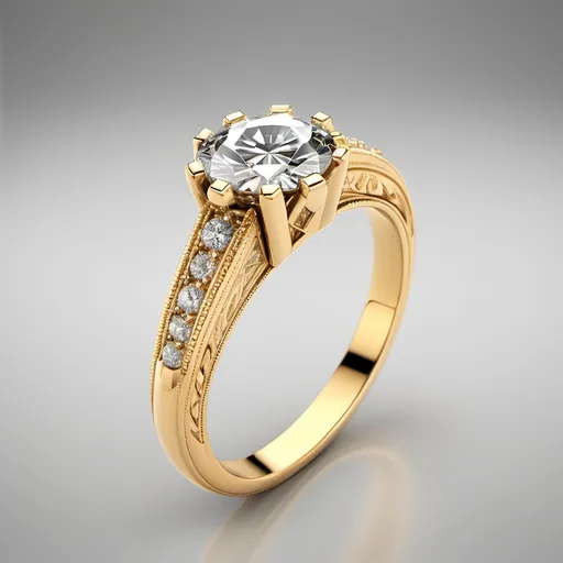 Prompt: A solitaire unique cut diamond ring.
Yellow gold.
Heavy miligrain.
Diamond with perfect clarity.