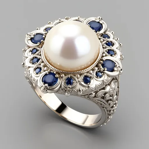 Prompt: This is an intricately designed gold ring featuring a central pearl.  The large pearl is surrounded by an elaborate arrangement of small sapphires. The setting around the central stone is detailed with ornate filigree work, adding texture and depth. The white platinum band also has delicate patterns, giving the ring a luxurious and vintage-inspired appearance. The overall design blends elegance with a bold, antique flair.