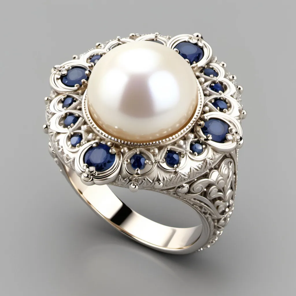 Prompt: This is an intricately designed gold ring featuring a central pearl.  The large pearl is surrounded by an elaborate arrangement of small sapphires. The setting around the central stone is detailed with ornate filigree work, adding texture and depth. The white platinum band also has delicate patterns, giving the ring a luxurious and vintage-inspired appearance. The overall design blends elegance with a bold, antique flair.