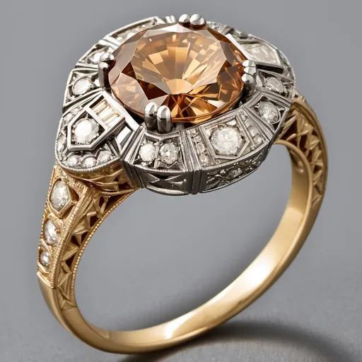 Prompt: This exquisite Art Deco ring from the 1930s features a captivating GIA-certified 3.68-carat old European cut cognac diamond at its center,  SI1 clarity. Surrounding the center stone are 26 vibrant champagne colored diamonds  and 8 sparkling round brilliant cut diamonds with exceptional G color and VS clarity. this ring epitomizes the intricate design and timeless elegance characteristic of the Art Deco era. with a gram weight of 7.23, it is a magnificent addition to any fine jewelry collection, blending historical charm with sophisticated style.