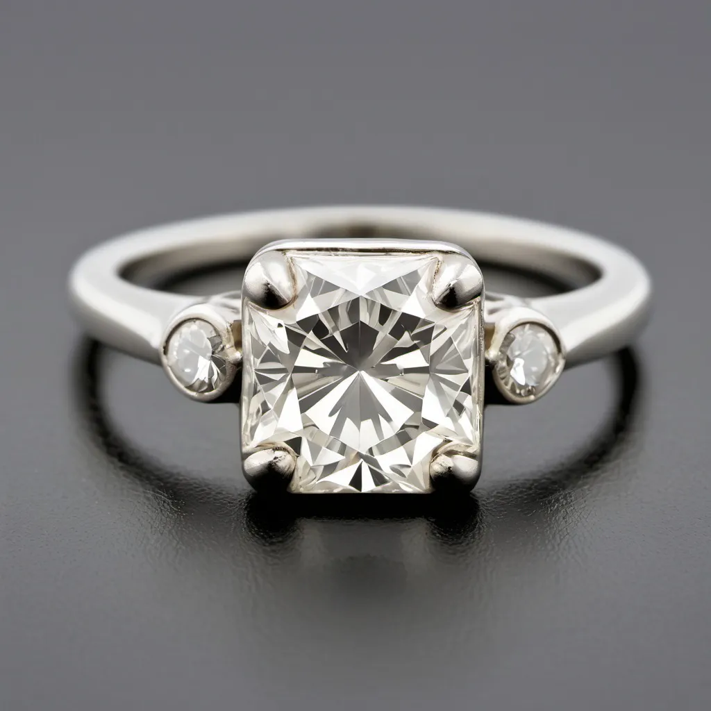 Prompt: A 2 carat colorless diamond mine cut center stone.  White gold band.  Prohibition era gangster wife ring.