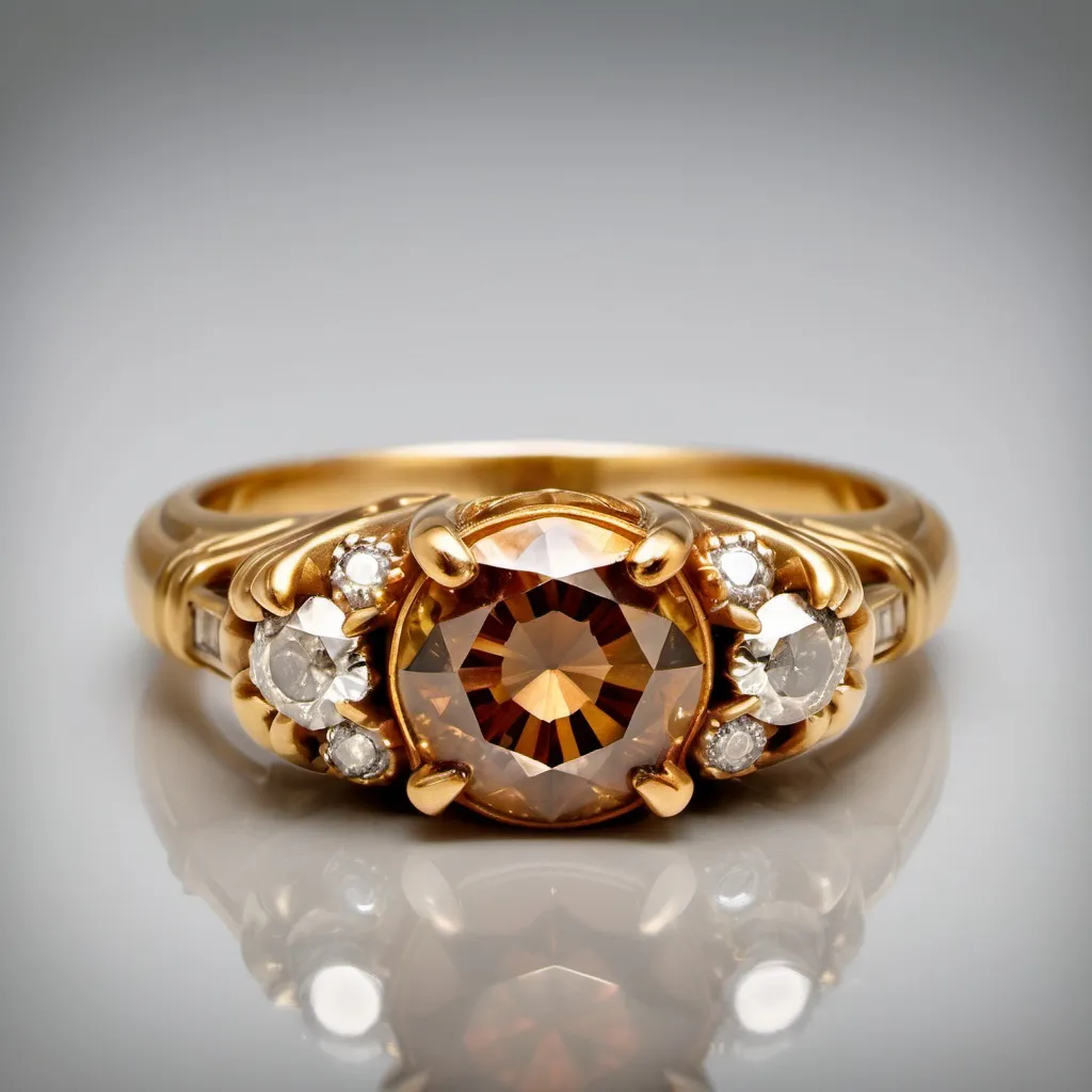 Prompt: This charming Retro ring from the 1940s is a beautiful example of vintage elegance. Crafted in luxurious 18K yellow gold, the ring features a dazzling round brilliant cut cognac diamond at its center, weighing approximately 2.5 carats. The diamond, with its J color and SI2 clarity, adds a subtle sparkle that complements the warm hue of the yellow gold.