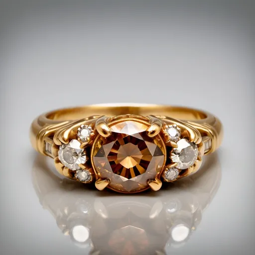 Prompt: This charming Retro ring from the 1940s is a beautiful example of vintage elegance. Crafted in luxurious 18K yellow gold, the ring features a dazzling round brilliant cut cognac diamond at its center, weighing approximately 2.5 carats. The diamond, with its J color and SI2 clarity, adds a subtle sparkle that complements the warm hue of the yellow gold.