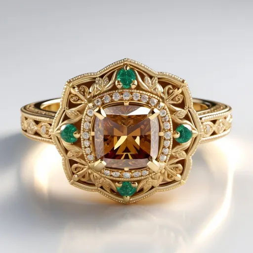 Prompt: 14K Yellow Gold unique pave halo cognac Diamond Engagement Ring (emerald Center). Intricate milgrain  filigree band.