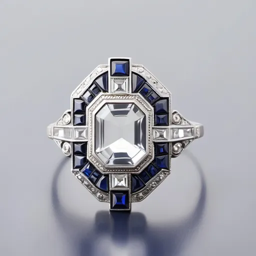 Prompt: Art deco ring.  Clear center stone.  Blue sapphire stones.