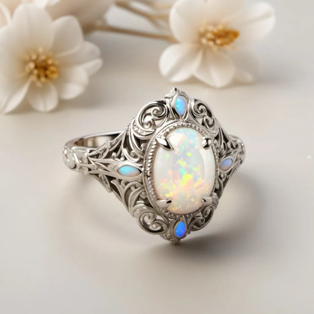 Prompt: The large ring is surrounded by an elaborate arrangement of small pieces of opal . The setting around the central stone is detailed with ornate filigree work, adding texture and depth. The white platinum band also has delicate patterns, giving the ring a luxurious and vintage-inspired Dutch. The overall design blends elegance with a bold, antique flair.