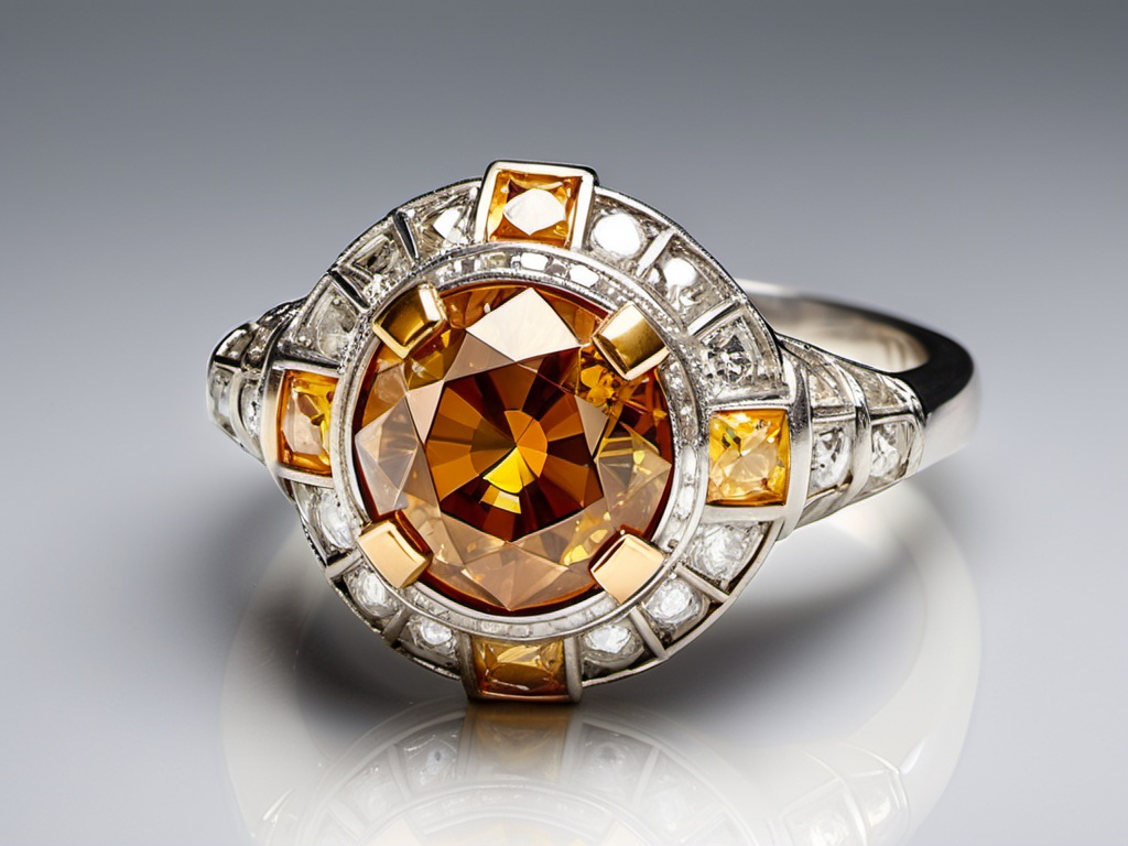 Prompt: This modern ring, designed in the style of Art Deco, showcases a stunning 1.46-carat old European cut cognac diamond. Surrounding the center stone are 36 exquisite yellow sapphires, totaling approximately 2.5 carats, and 30 round brilliant cut diamonds, adding approximately 0.3 carats of sparkle with H color and VS clarity. Crafted in platinum