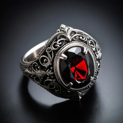 Prompt: A family heirloom ring that a vampire has given to his new bride.  Intricate detailing.  Blood red detailing.  Black oynx center stone.