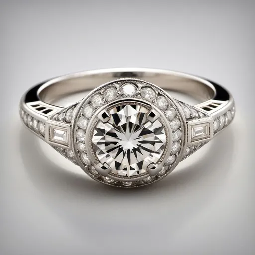 Prompt: This modern ring, inspired by the timeless elegance of Art Deco design, features a dazzling 0.83-carat round brilliant cut diamond at its center, showcasing a unique K color and VS clarity. Surrounding this central gem are 36 round brilliant cut diamonds, totaling 0.39 carats, with H color and VS clarity, and 26 vibrant square and calibre cut emeralds, totaling approximately 0.60 carats, adding a splash of green. Crafted from luxurious platinum