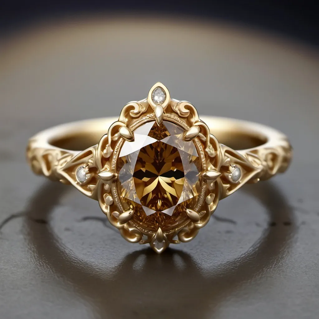 Prompt: Yellow gold engagement ring.  Cognac diamond as the main stone.  Witchy vibes.  Moon filigree.  Extra romantic.  Oval shaped main stone.