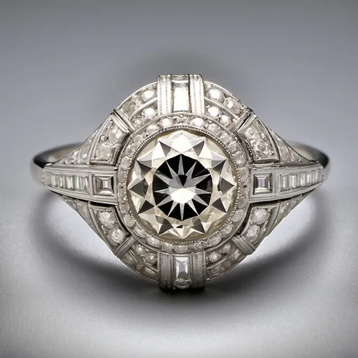 Prompt: style of Art Deco showcases a captivating 1.25-carat old European cut diamond at its center, with an L color and SI clarity. Surrounding the central diamond are 16 accent diamonds, featuring a mix of single, old European, old mine, and round brilliant cuts, totaling approximately 1.5 carats, with I color and SI clarity. Crafted in platinum, this ring embodies timeless elegance and sophistication.