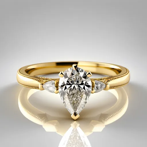 Prompt: A solitaire pear cut ring.
Yellow gold.
Heavy miligrain
Diamond with perfect clarity.