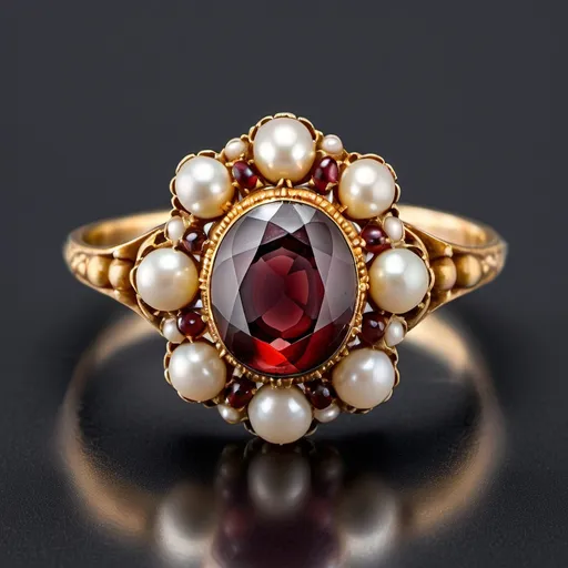 Prompt: Step into the Victorian era with this poignant mourning ring, crafted in the 1870s. The piece features a prominent 4.5-carat oval cut red garnet, rich in color and depth, which is beautifully accented by four luminous pearls. The setting is made of 18k yellow gold, enhancing the warm tones of the garnet and pearls. A unique glass back containing a lock of hair, a common element in Victorian mourning jewelry, adds a deeply personal touch, reflecting the era's customs of remembrance.