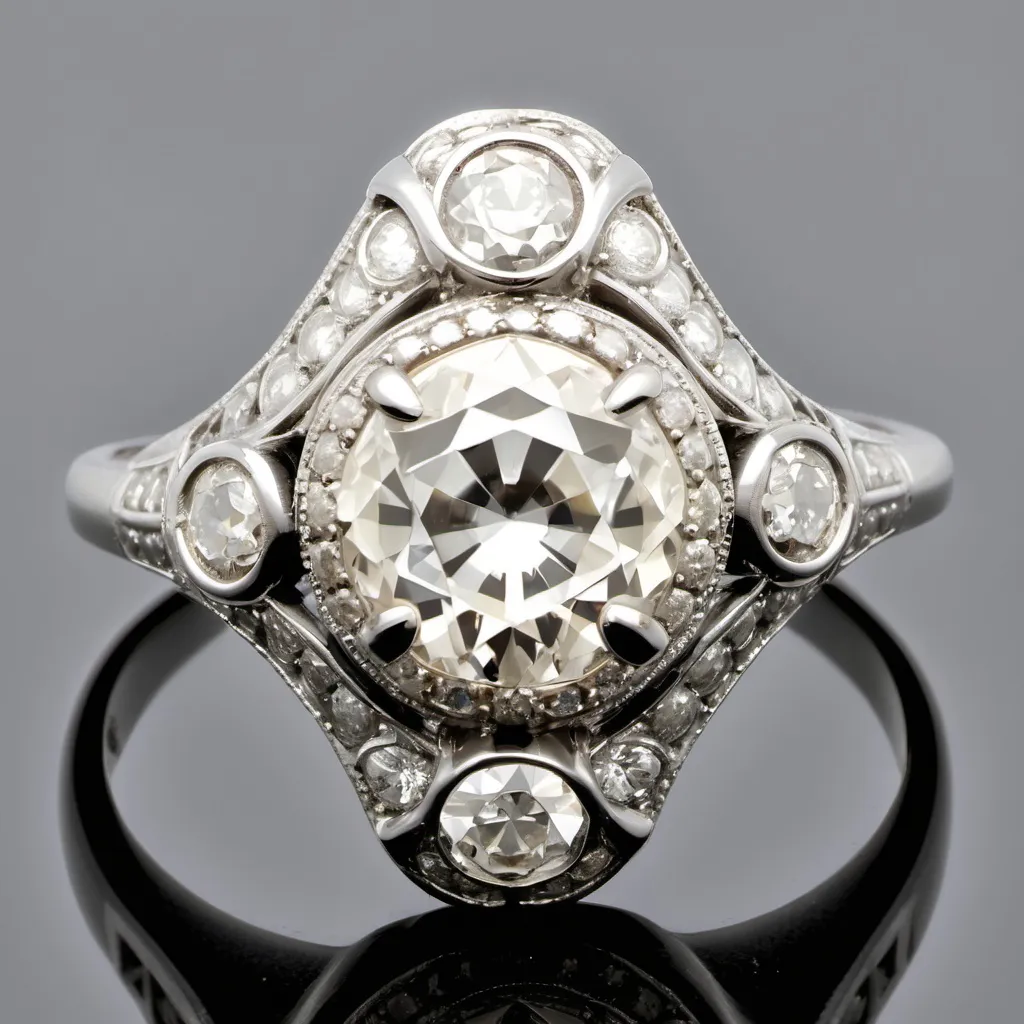 Prompt: This elegant ring showcases a 1 carat old European cut diamond, displaying a warm L color and SI clarity, set in platinum. Complementing the central stone are 92 old mine and old European cut diamonds, totaling approximately 0.8 carats, with H color and SI clarity, adding a dazzling halo and band detailing. Crafted in the style of Art Deco