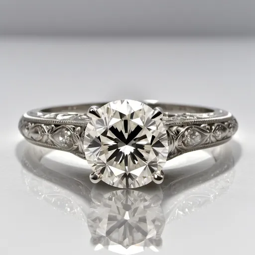 Prompt: A 2 carat colorless diamond center stone.  White gold band.  Ornate gallery rail.  Open basket.