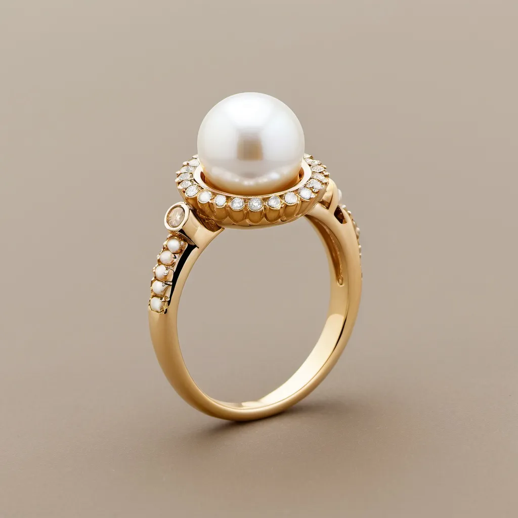 Prompt: pearl Surrounding the central diamond are 16 accent champagne diamonds, featuring a mix of single pearls Crafted in yellow gold, this ring embodies timeless elegance and sophistication.