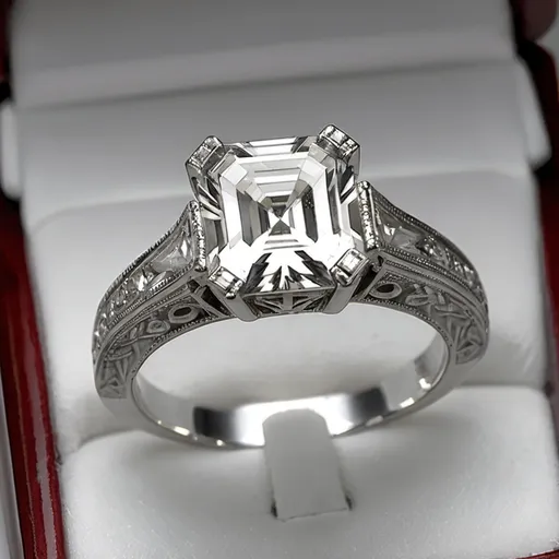 Prompt: A 3 carat engagement ring set in platinum.  It should have extensive Miligrain work.