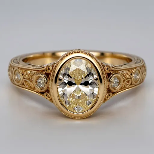 Prompt: A bezel oval solitaire with intricate miligrain yellow gold