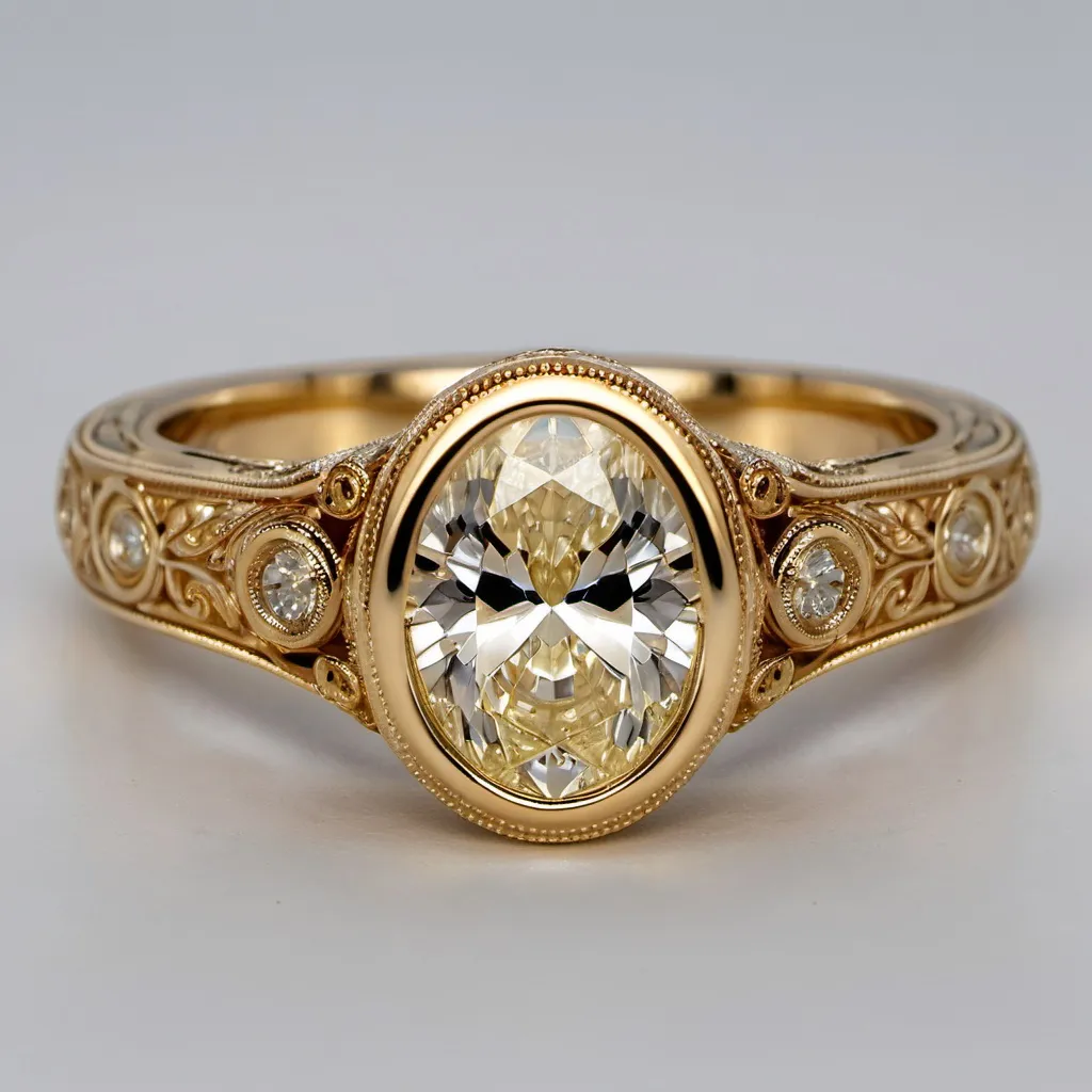 Prompt: A bezel oval solitaire with intricate miligrain yellow gold