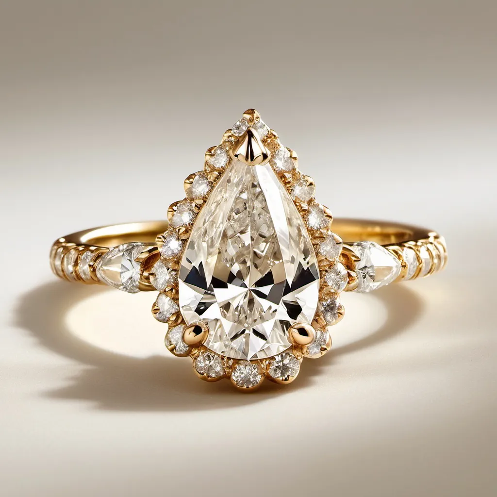 Prompt: This exquisite ring features a captivating GIA-certified 1.6-carat antique pear shape cut diamond at its center, showcasing a stunning G color and SI1 clarity. Surrounding the center stone are 16 sparkling round brilliant cut diamonds, totaling approximately 0.6 carats, with beautiful H color and SI clarity. Crafted from luxurious 18K yellow gold, this ring combines the timeless charm of a diamond from the 1900s with the elegant design of the 1970s. it is a magnificent addition to any fine jewelry collection, blending historical allure with sophisticated style.