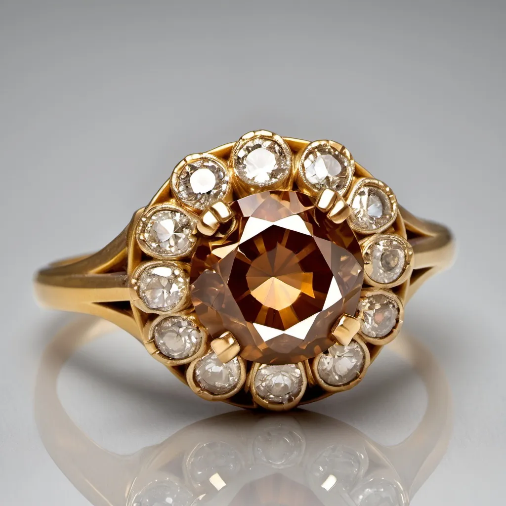 Prompt: This charming Retro ring from the 1940s is a beautiful example of vintage elegance. Crafted in luxurious 18K yellow gold, the ring features a dazzling round brilliant cut cognac diamond at its center, weighing approximately 2.5 carats. The diamond, with its J color and SI2 clarity, adds a subtle sparkle that complements the warm hue of the yellow gold.