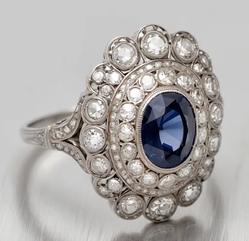 Prompt: This exquisite Edwardian double halo ring from the 1910s is crafted in platinum and showcases a beautiful oval cut blue sapphire at its center, weighing approximately 0.50 carats. Surrounding the sapphire are 32 dazzling old European cut diamonds, totaling approximately 0.80 carats, with exceptional F color and VS clarity, forming a stunning double halo that enhances the ring's elegance.