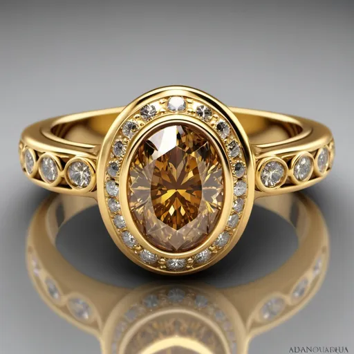 Prompt: Yellow gold. Cognac diamond. The most detailed engagement ring of all time. Bezel. Oval cut.