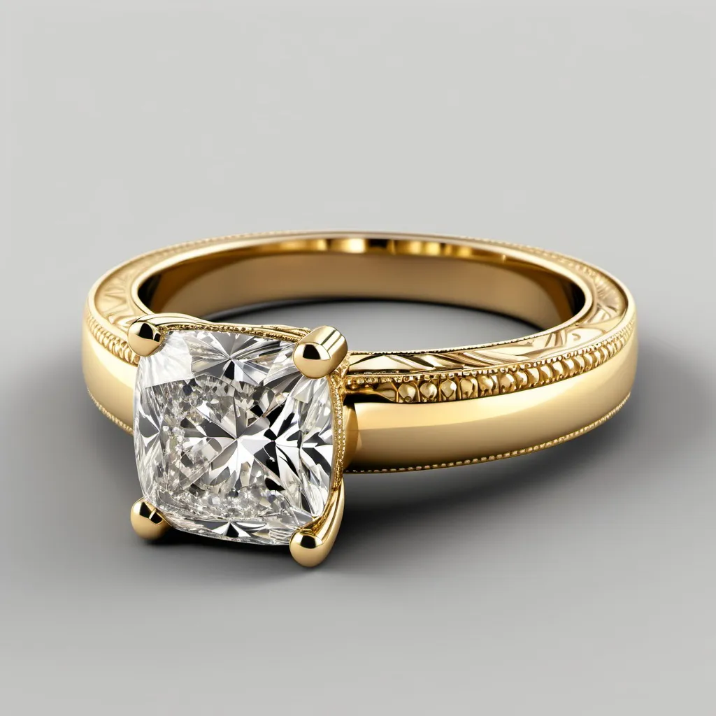 Prompt: A solitaire cushion cut ring.
Yellow gold.
Heavy miligrain
Diamond with perfect clarity.