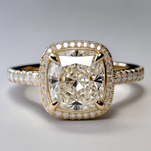 Prompt: 2.1 carat cushion cut engagement ring colorless natural diamond, with hidden pearl halo and gold rail.