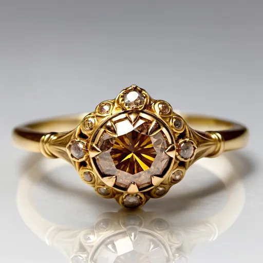 Prompt: Yellow gold engagement ring.  Victorian Era.  Cognac diamond.