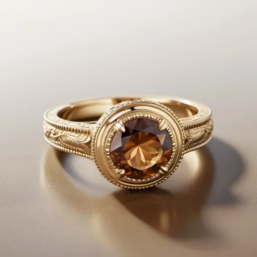 Prompt: Create a show stopping ring with ornate Millgrain.  Yellow gold.  Cognac center stone.  Open basket with a gallery rail.