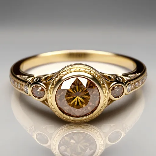 Prompt: Yellow gold engagement ring.  Cognac diamond.  Edwardian design.  Bezel set.