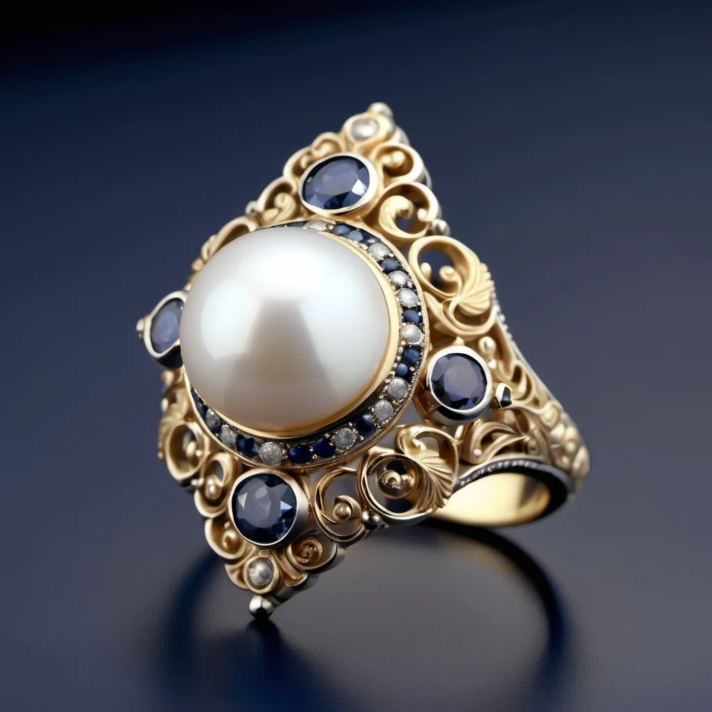 Prompt: This is an intricately designed gold ring featuring a central pearl.  The large pearl is surrounded by an elaborate arrangement of small sapphires. The setting around the central stone is detailed with ornate filigree work, adding texture and depth. The platinum band also has delicate patterns, giving the ring a luxurious and vintage-inspired appearance. The overall design blends elegance with a bold, antique flair.