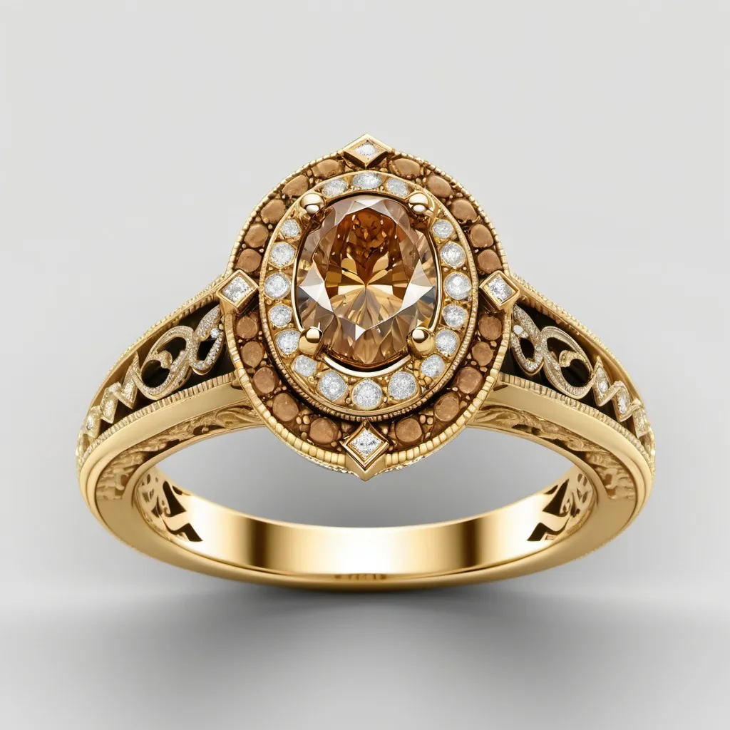 Prompt: 14K Yellow Gold unique pave halo cognac Diamond Engagement Ring (oval cut Center). Intricate milgrain  filigree band.  High shoulders