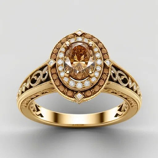 Prompt: 14K Yellow Gold unique pave halo cognac Diamond Engagement Ring (oval cut Center). Intricate milgrain  filigree band.  High shoulders