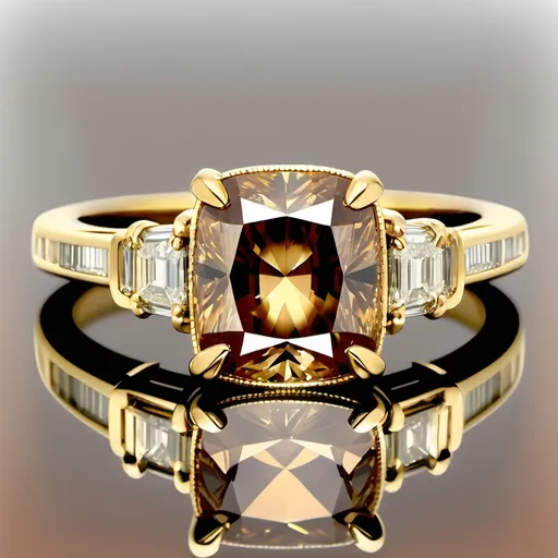 Prompt: High center elongated cushion cut cognac diamond, with a gallery rail and open basket. Yellow gold.  Bezel.  Side stones are baguette diamonds.