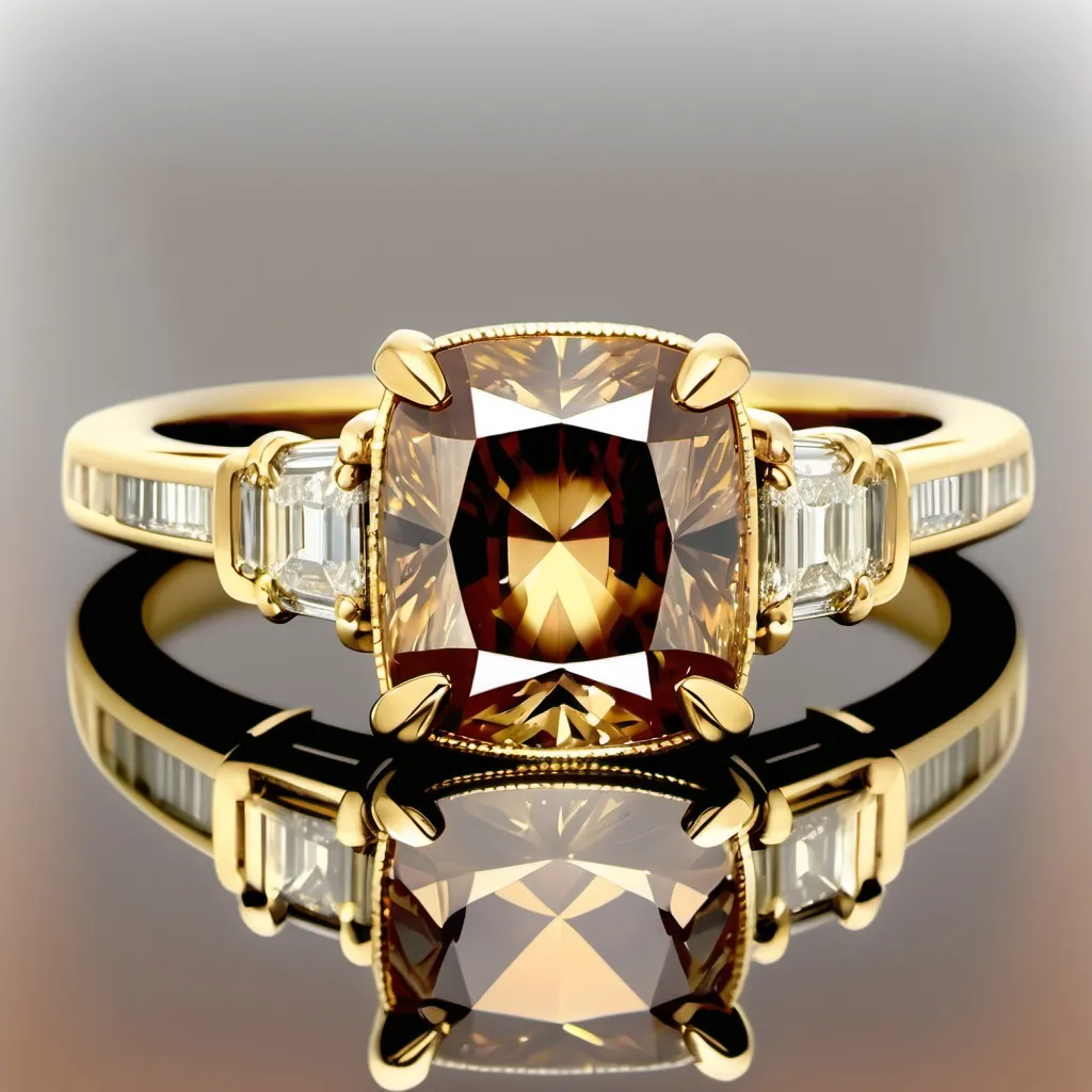 Prompt: High center elongated cushion cut cognac diamond, with a gallery rail and open basket. Yellow gold.  Bezel.  Side stones are baguette diamonds.