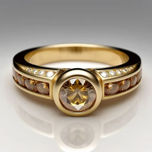 Prompt: Yellow gold engagement ring. Cognac diamond as the large, main stone. Full bezel. Channel set