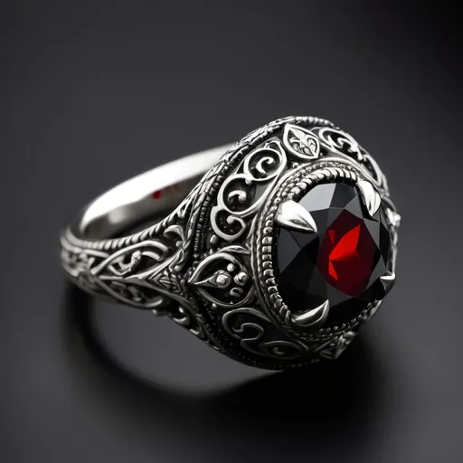 Prompt: A family heirloom ring that a vampire has given to his new bride.  Intricate detailing.  Blood red.  Black oynx center stone.