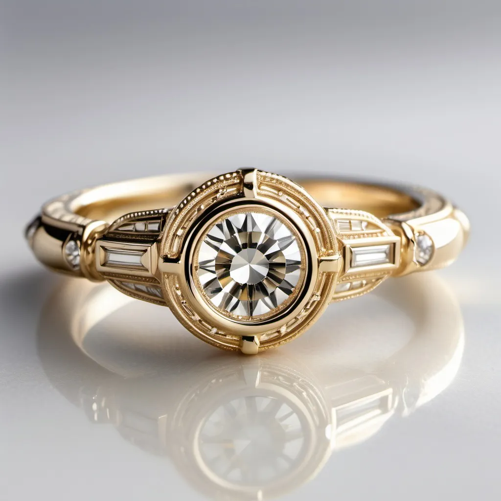 Prompt: A bezel baguette solitaire with intricate miligrain yellow gold with French inspiration