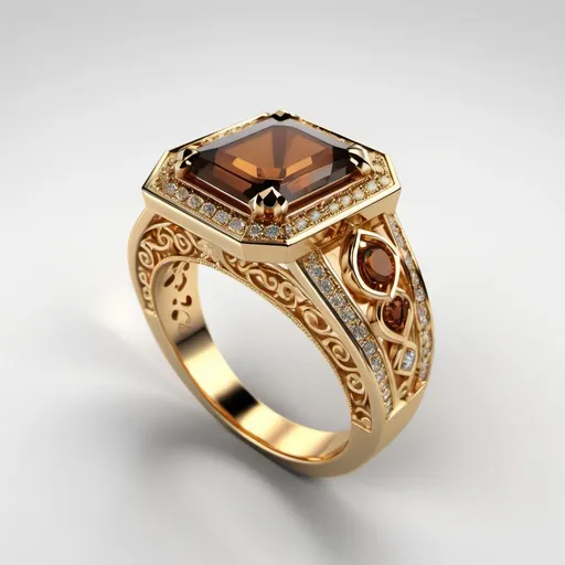 Prompt: **Base Material**: The ring is made of **yellow gold**, giving it a luxurious and rich appearance. The warm gold contrasts beautifully with the gemstone and the surrounding details.

Center Stone**: At the heart of the ring is a deep, rich **cognac brown** colored radiant cut and is held securely in place by a bezel setting. The prongs are polished and thick, allowing the center stone to remain the focal point.

- **Halo and Surrounding Design**: Surrounding the center stone is an intricate **filigree** halo that integrates small **pear-shaped and round diamonds**. The pear-shaped diamonds are placed in golden bezels with milgrain detailing, adding a vintage charm. The diamonds are arranged around the center stone in a celestial pattern, giving a sense of symmetry and balance.

- **Milgrain Detailing**: The edges of the filigree and bezel settings are adorned with **milgrain** accents, tiny metal beadwork that adds texture and depth to the overall design. This gives the ring an antique or vintage feel while still looking opulent and elegant.

This ring showcases a mix of **Art Nouveau** or **Victorian** influences with its organic, floral patterns and detailed gold work, while the deep hue of the center stone brings modern contrast and sophistication.