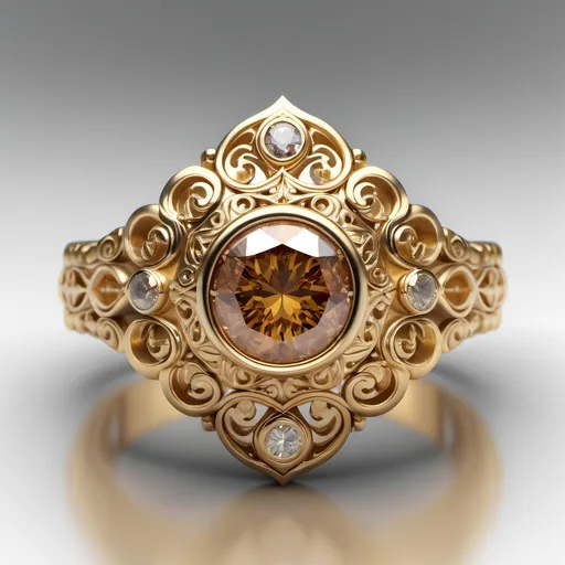 Prompt: Yellow gold engagement ring.  Ornate filigree.  Cognac diamond as the main stone. Full bezel. Queen