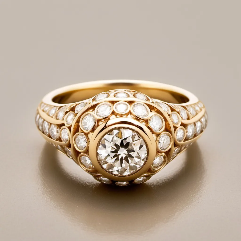 Prompt: This is an extraordinary Trumpet & Horn Original ring that we are proud to offer in our vintage-inspired collection. The handmade 18k yellow gold bombe style ring centers a 0.60ct Old European Cut diamond graded I color and SI2 clarity. This show-stopper is further accented with 74 Round Brilliant Cut diamonds totaling 0.89ct, each delicately placed in an elaborate, scrolling motif. It is finished with decadent milgrained edges and hand crafted engraving along each shoulder.