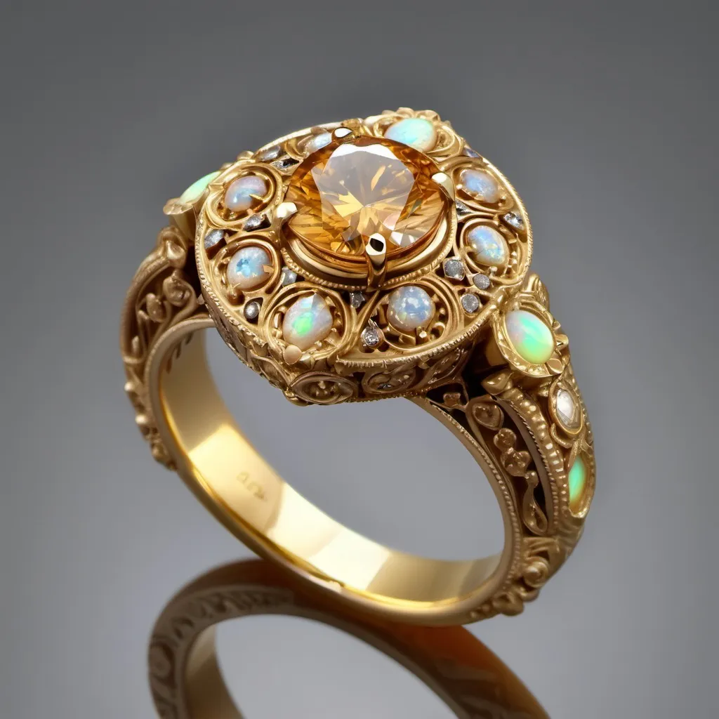 Prompt: Yellow gold engagement ring.  Cognac diamond.  Large main stone.  Victorian style.  Ornate details.  Opals.