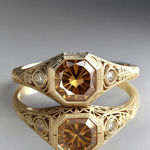 Prompt: ART DECO STYLE FILIGREE ENGRAVED ENGAGEMENT RING yellow GOLD. Large cognac diamond.  High shoulders.